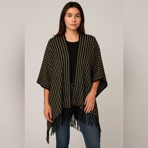 Peter Nygard Black and Gold Striped Fringe Shawl Wrap One Size